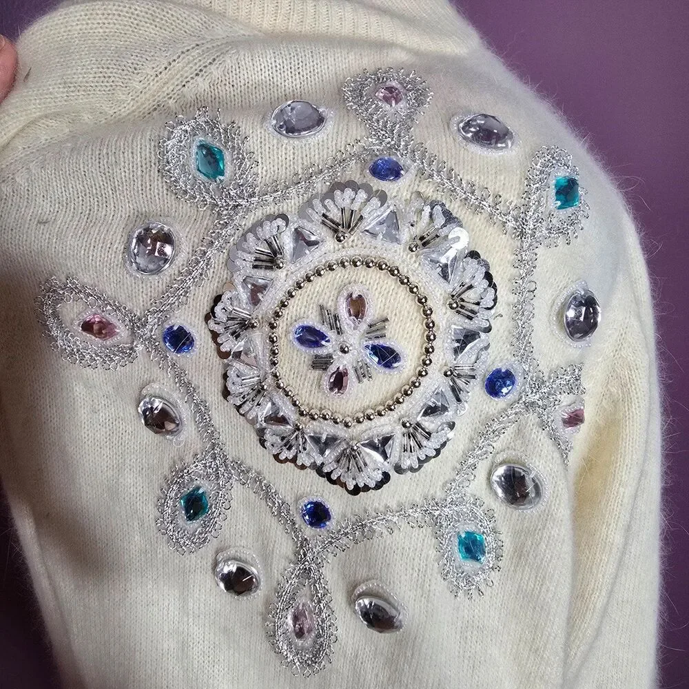 Vintage rhinestones Bejeweled crystal plus size wool angora cardigan